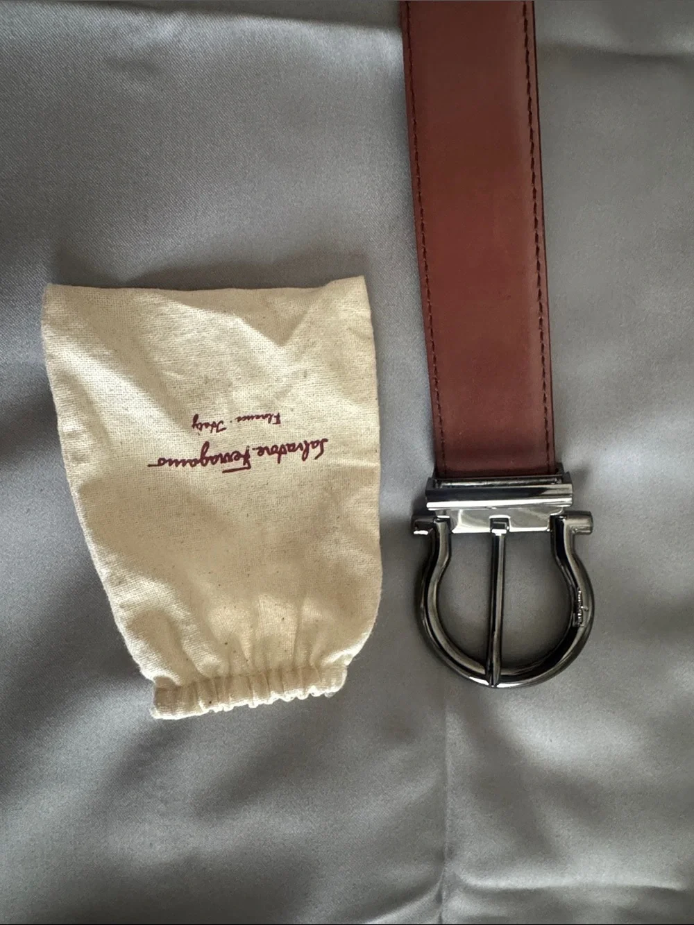 Salvatore Ferragamo Men’s Brown /black Leather Belt with Silver Gancini Buckle